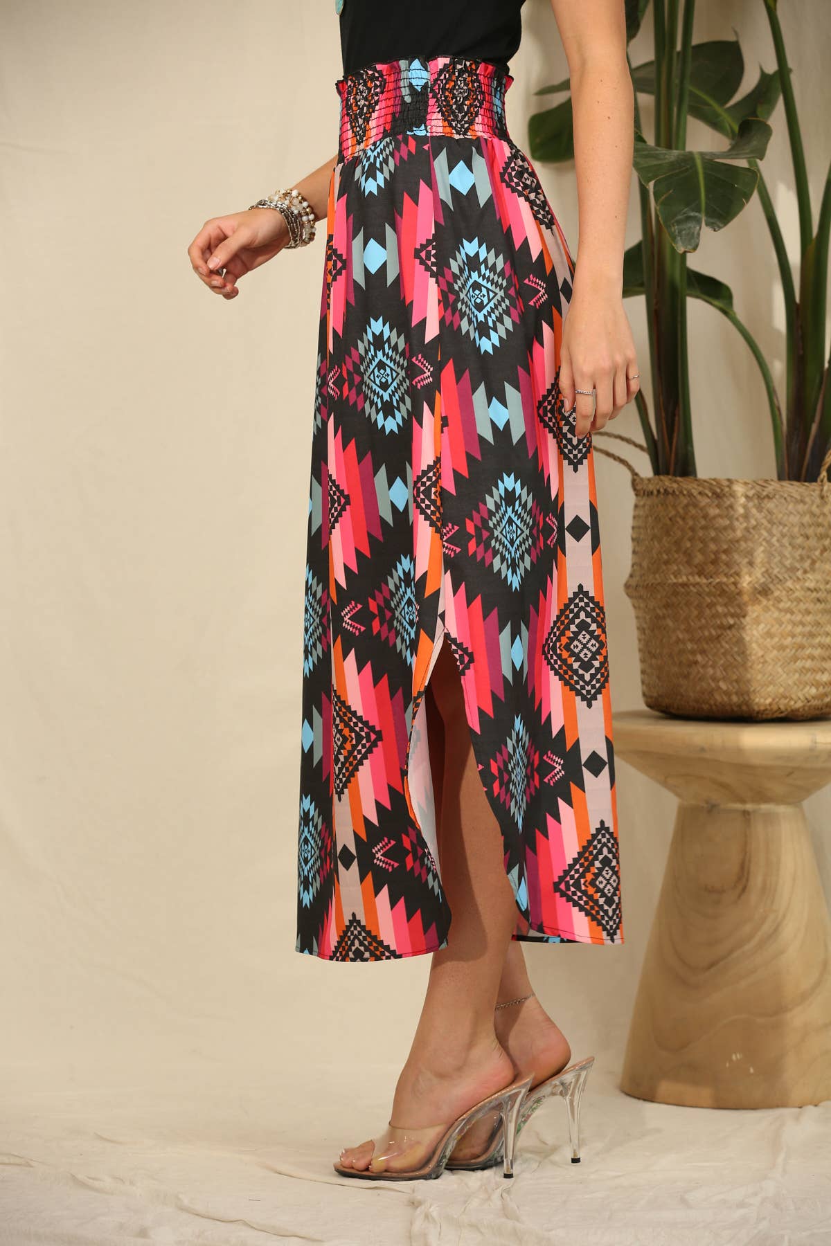BLACK HOT PINK AV1213-ALANA AZTEC PRINT SMOCK WAIST MAXI SKIRT for wholesale on Faire7