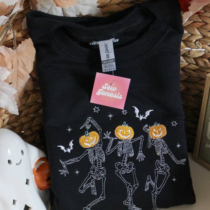 Girocollo ricamato «Dancing-Jack-O'-Lanterns» per la vendita all'ingrosso da parte di SewGenesis