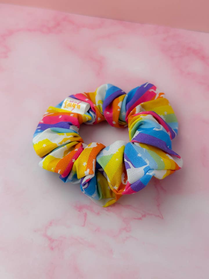 Whimsical Unicorn - Multicoloured Unicorn print classic scrunchie for wholesale by ThatsSewLauraUk