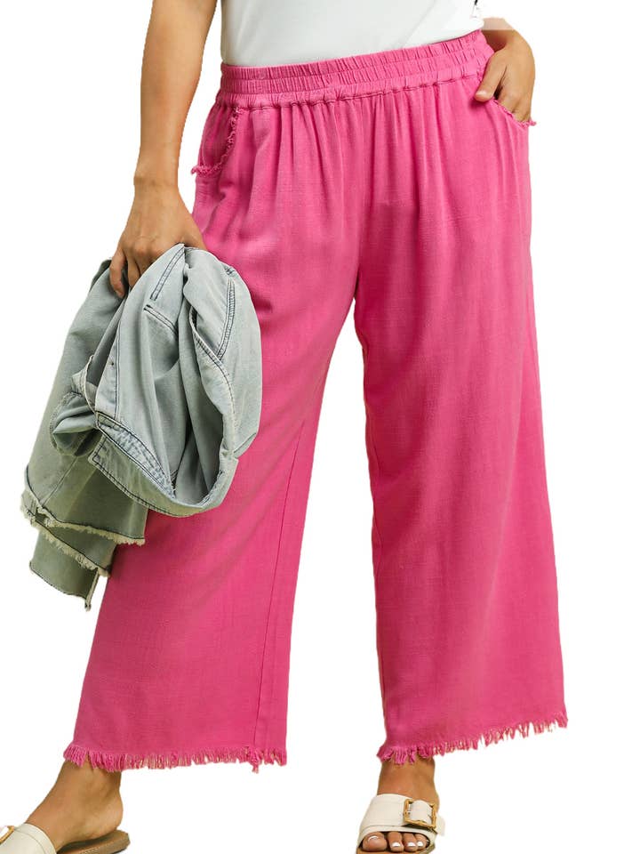 Plus Linen Blend Frayed Hem Wide Leg Pants for wholesale by Vanilla Monkey