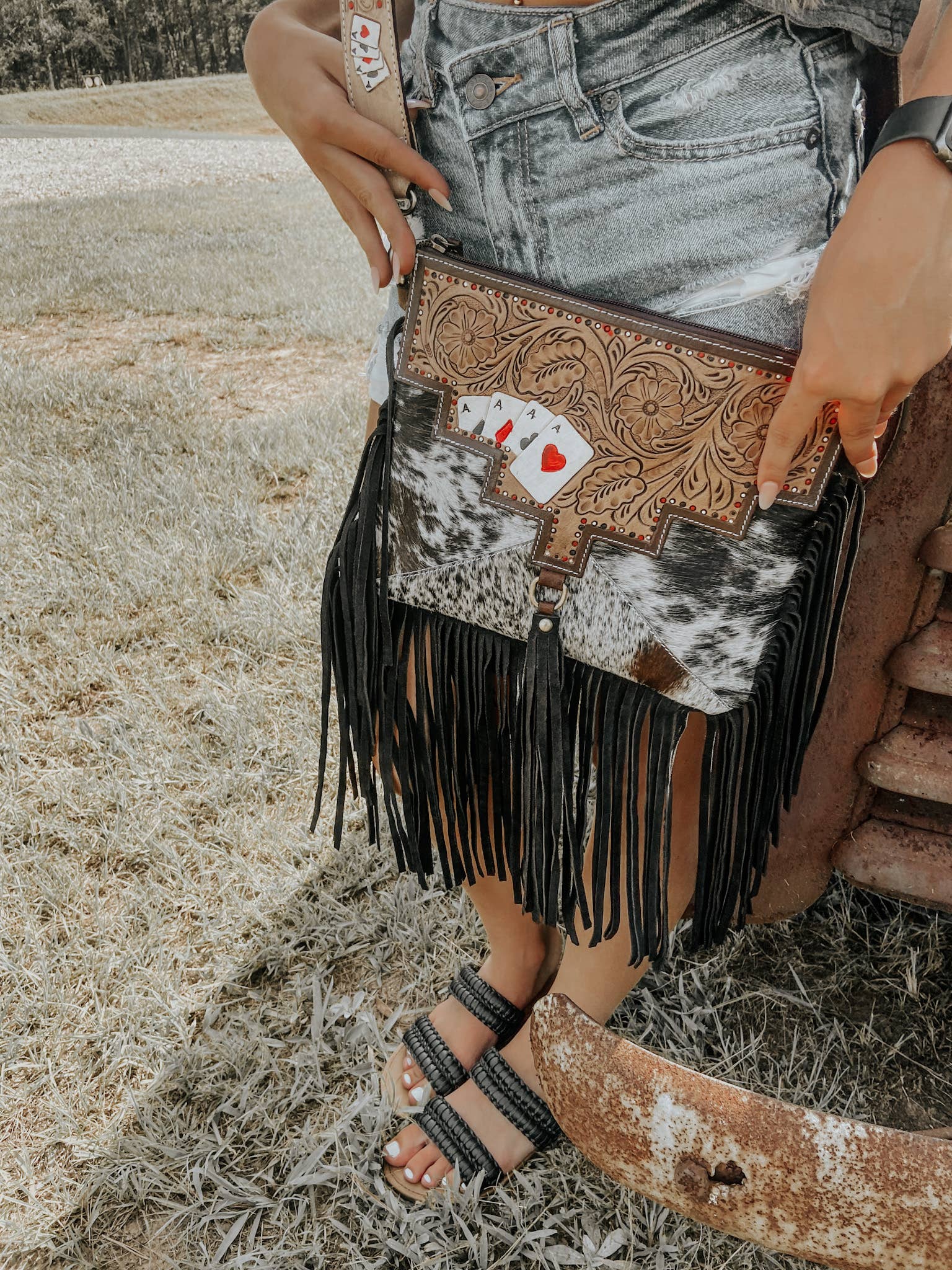 Texas Western Cowhide Bags and More - Wholesale Crossbody Bag - Women's - Gambler Cowhide and Tooled Leather Western Purse4