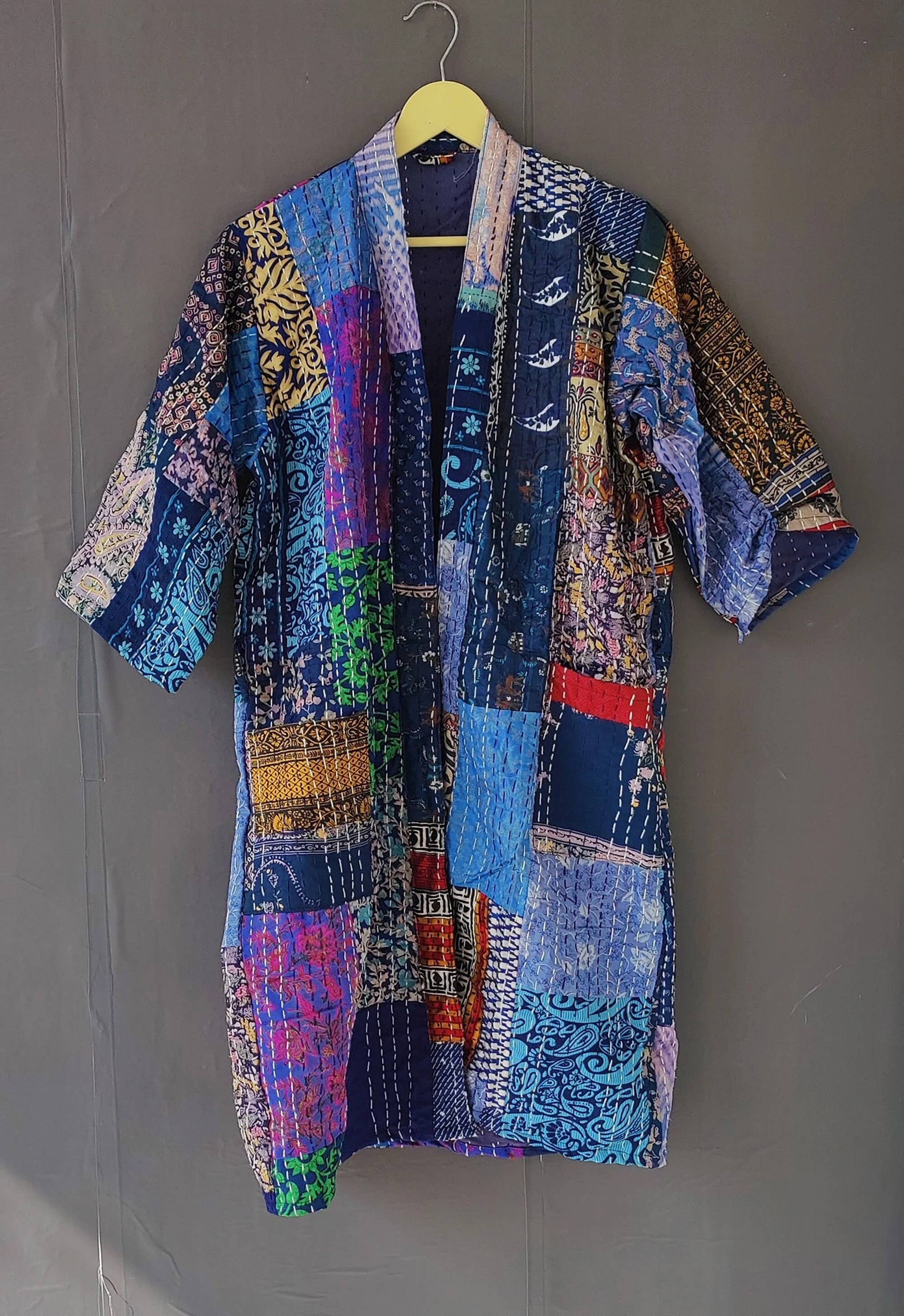 bhavnas boutique - Wholesale Robe - Women's - Patchwork Kantha Kimono Robe Women Silk Sari Dressing Gown