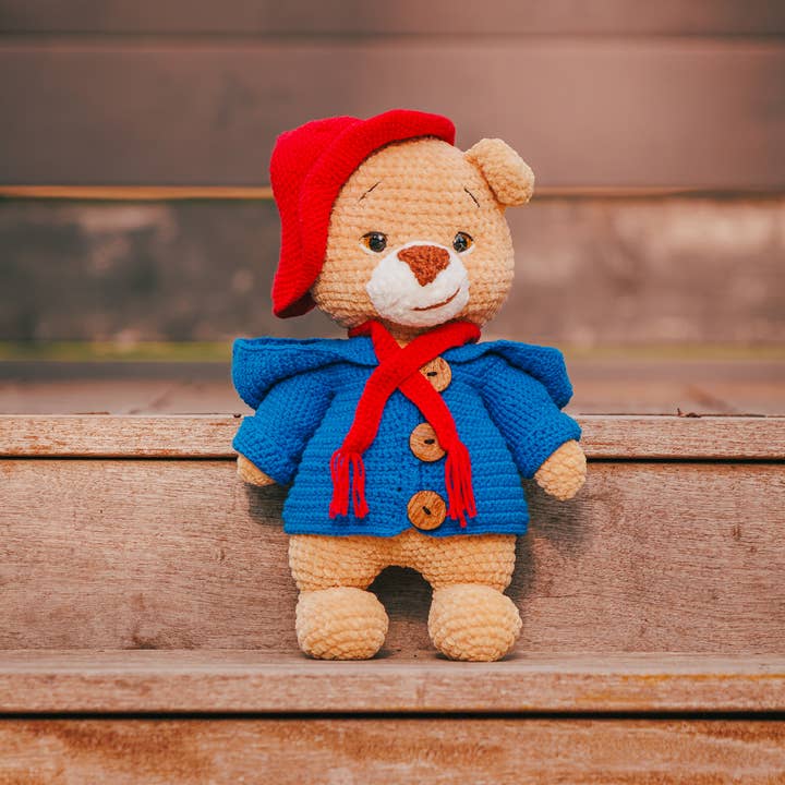 Handmade Crochet Teddy Bear with Red Hat & Blue Jacket for wholesale by Magnetic Soul