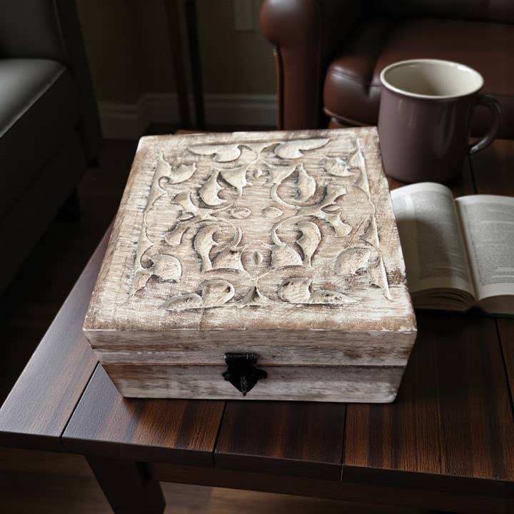 Wilco Home - Wholesale Decorative box - Hand-Carved Wood "Dragon's Breath" Hinged Square Table Box1
