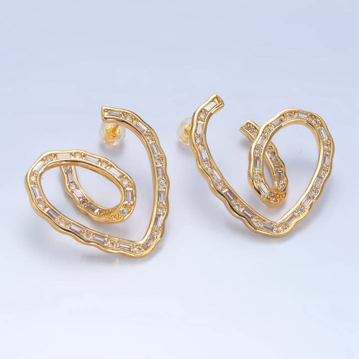 24K Gold Filled CZ Baguette Curved Heart Studs | P030 for wholesale by Aim Eternal
