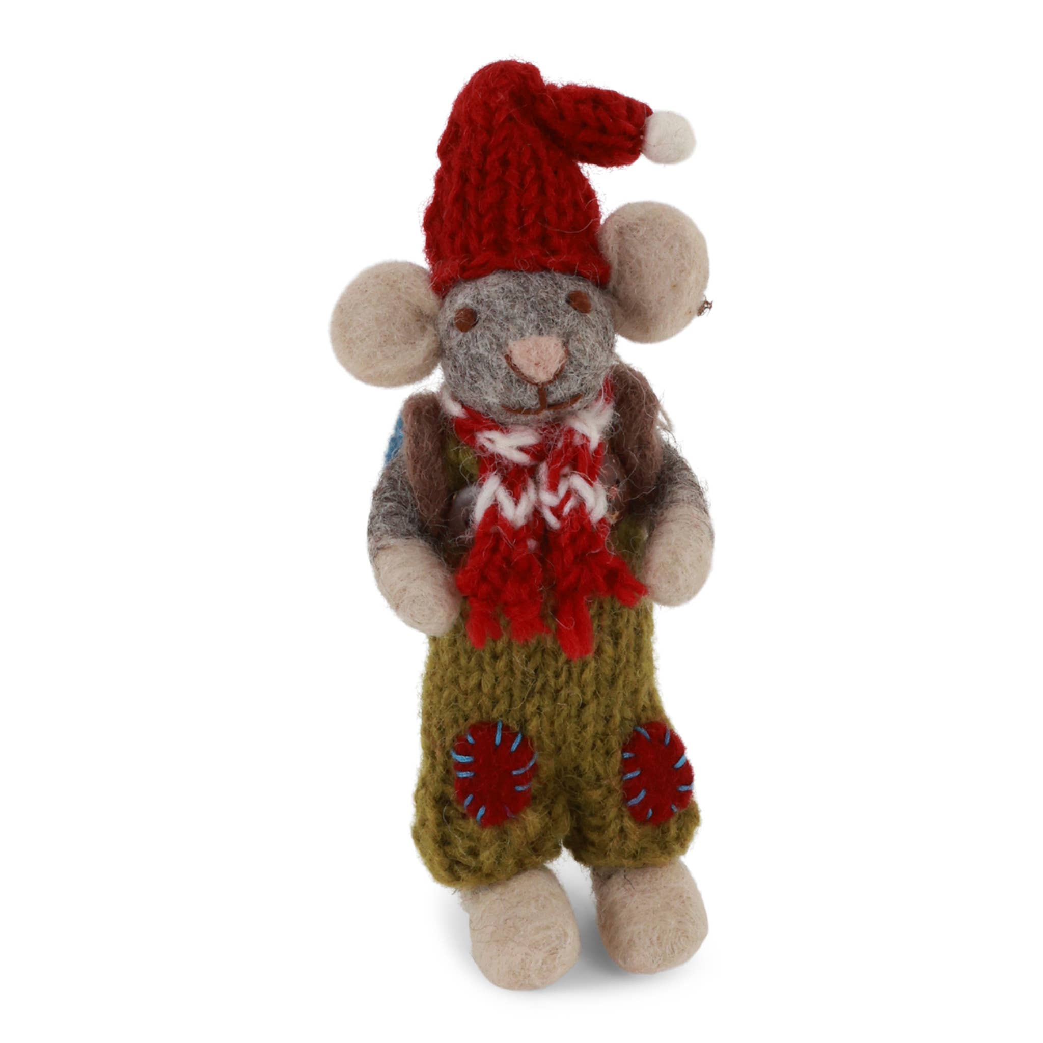 Gry and Sif - Wholesale Christmas Decoration - Small Grey Boy Mouse w/Green Pants & Bag Pack0