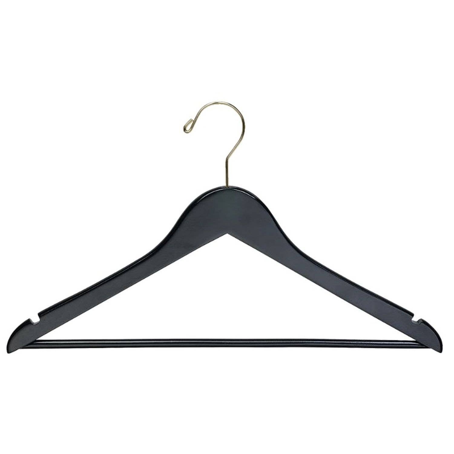 Quality Hangers - Wholesale Clothes Hangers - W070 Semi Curved Wooden Hangers, 17.5" -Black/Gold Hook - 806