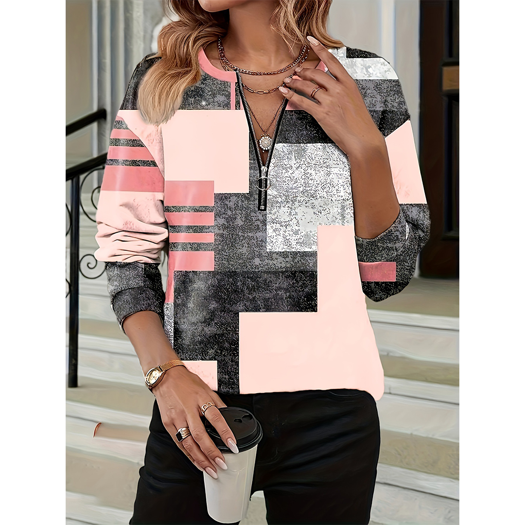 UNISHE - Wholesale Blouse - Women's - Round Neck Casual Polo Geometric Print V-Neck Top ZK36530