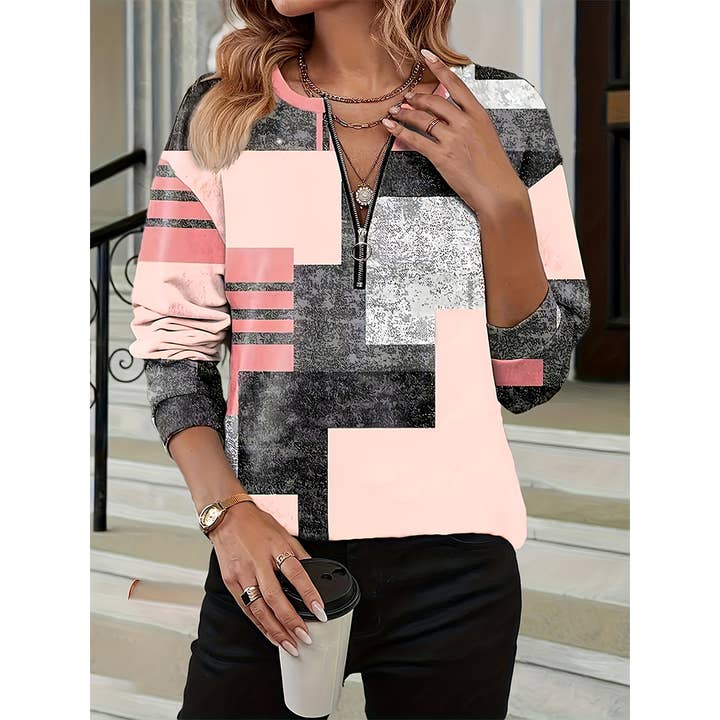 UNISHE - Wholesale Blouse - Women's - Round Neck Casual Polo Geometric Print V-Neck Top ZK3653