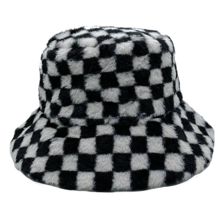 Fashion City - Wholesale Bucket Hat - Women's - Checkered Printed Faux Fur Bucket Hat7
