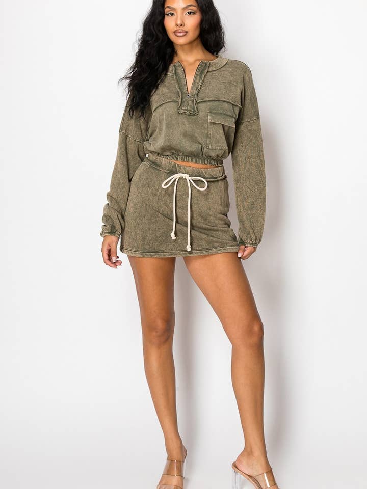 TS6174 - Washed Raw Edge detailed Crop Top Mini Skirt Set for wholesale by A Ellen