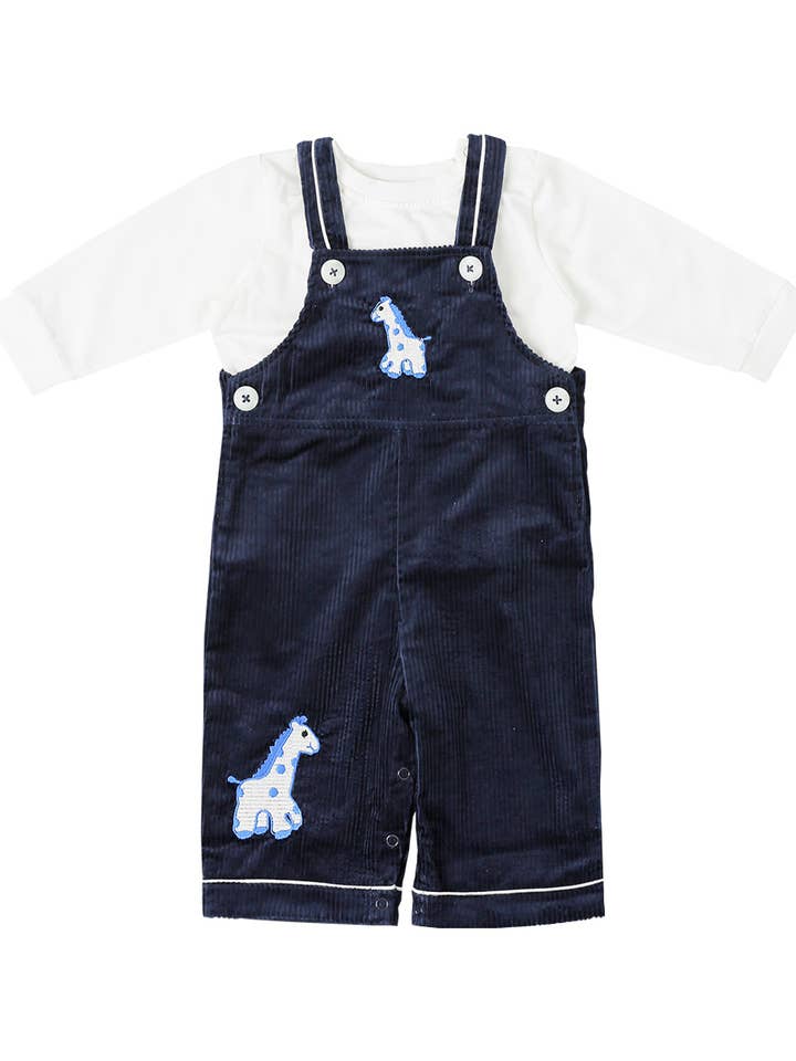 Navy Giraffe Corduroy Overalls Set for wholesale by Smocked Bebe