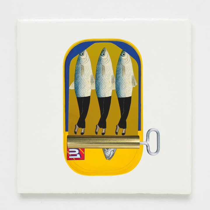 Wall tile collage can of herring and little bones for wholesale by Lylies