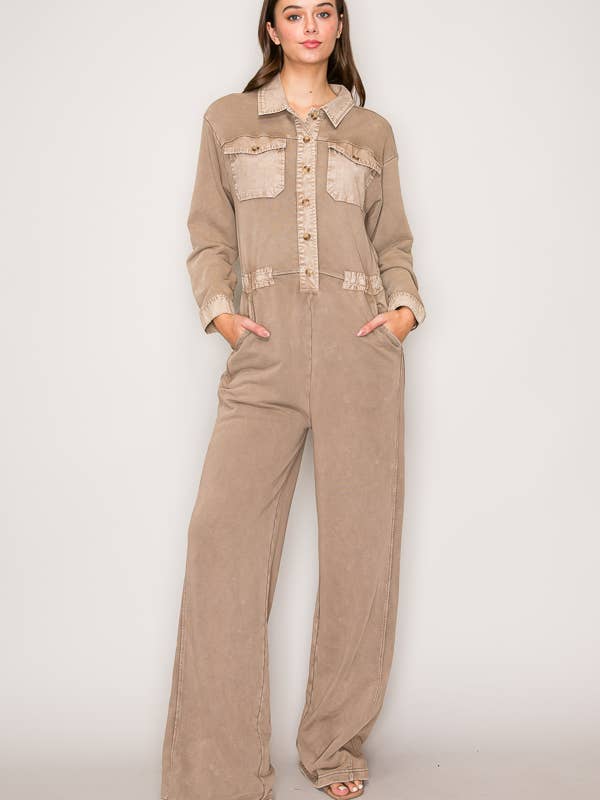 C7012 - WASHED LONG SLEEVES CARGO JUMPSUIT for wholesale by Curds and Whey