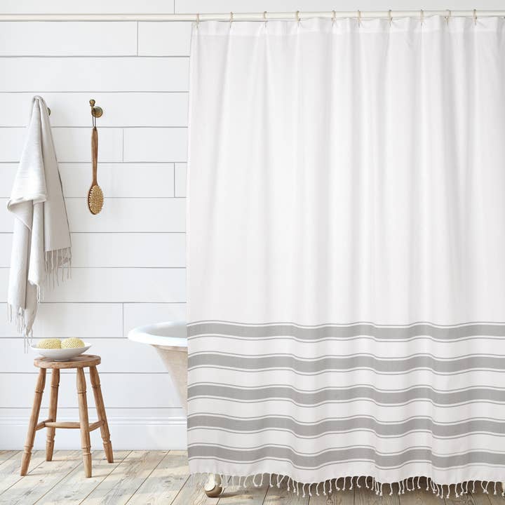 Shower Curtain, 100% Cotton, 72" x 72", Cabana Stripe Gray for wholesale by Folkhomes Global Inc