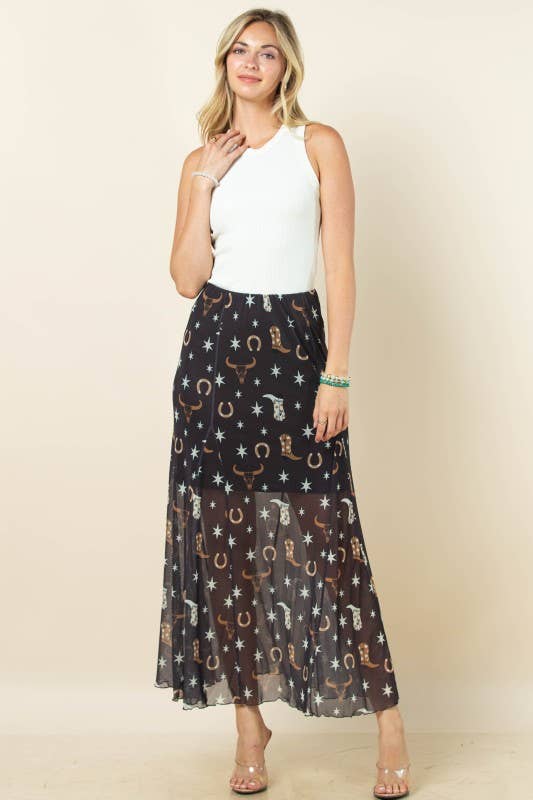 Svart/Khaki/Elfenben AS1300-DEMI VÄSTERLÄNDSKA ELEMENT TRYCKT FODRAD MAXI MESH KJOL för wholesale på Faire4