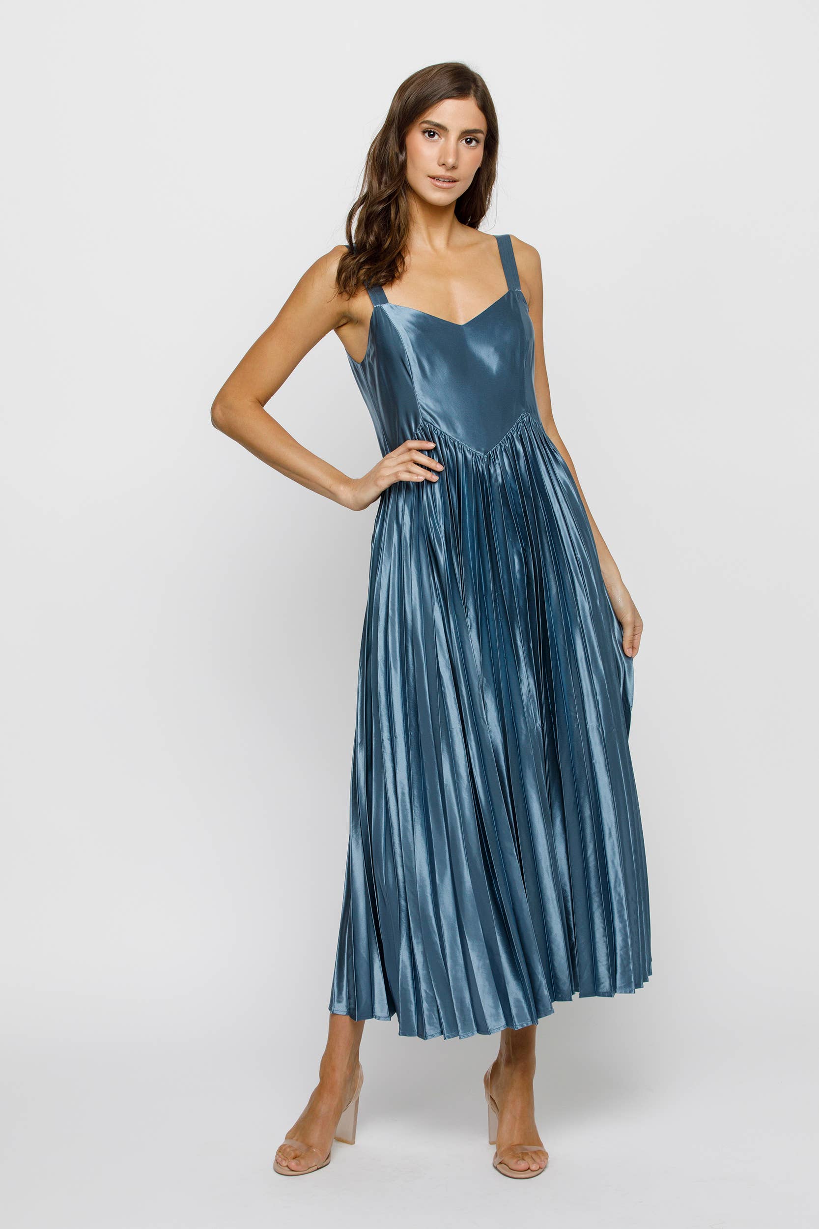 STORIA – wholesale Dress – Women's – JD6918- SOLID SHEEN ACCORDION PLEAT MIDI DRESS 9