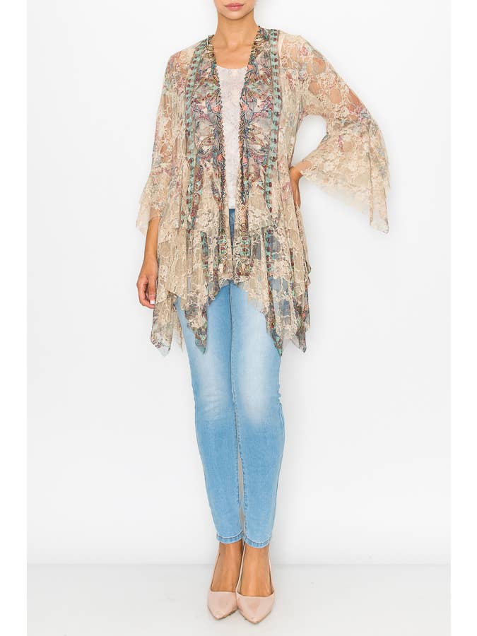 Origami Apparel ~ Lace and Crochet inspired – Großhandel Strickjacke – Damen – Klassische Strickjacke aus Spitze mit gestuften Lagen - 4618TP/TURQ1