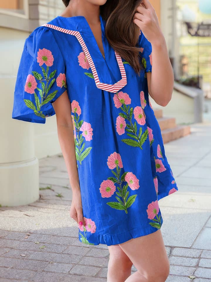 1 the Woman - Wholesale Dress - Women's - Floral Short Sleeve Split Neck Mini Dress