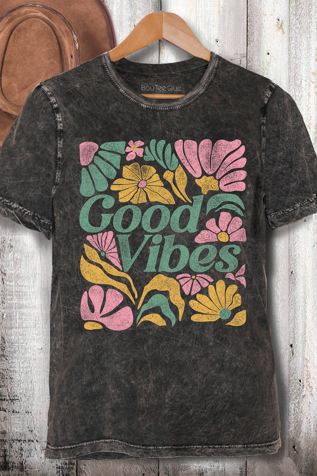 BouTeeQue Closet - Wholesale Screen Printed T-Shirt - Women's - BT1758 MT GOOD VIBES - Mineral Wash2