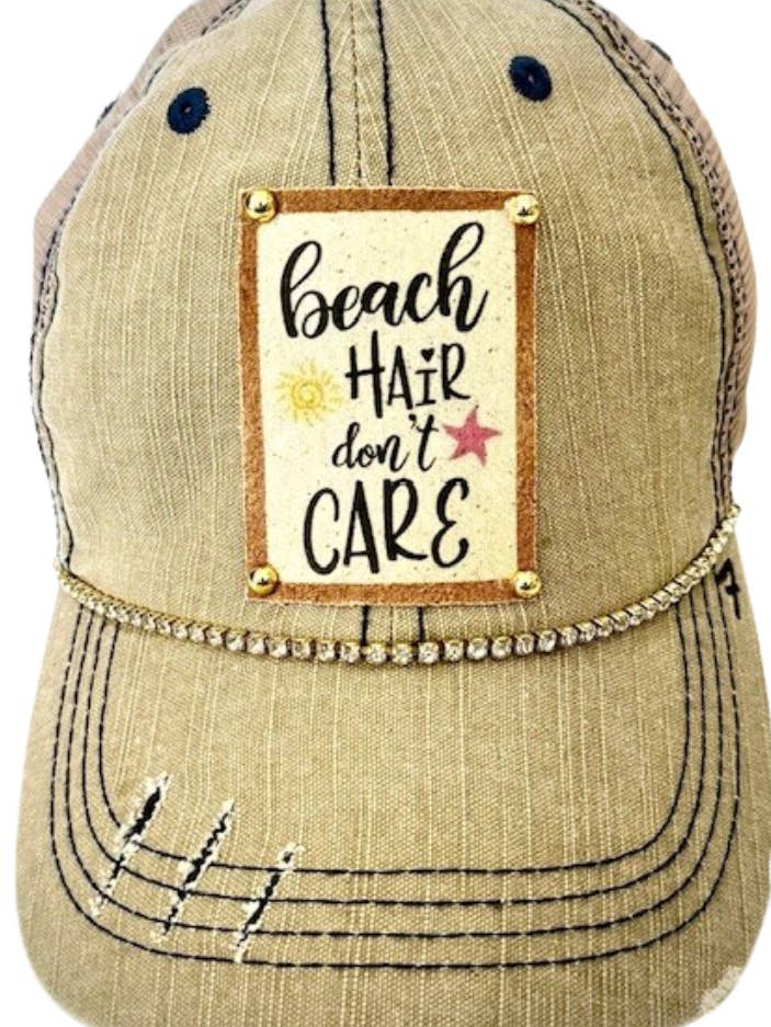 (7) "BEACH HAIR DON'T CARE" DISTRESSED TRUCKER HAT for wholesale by Jana's Flannels