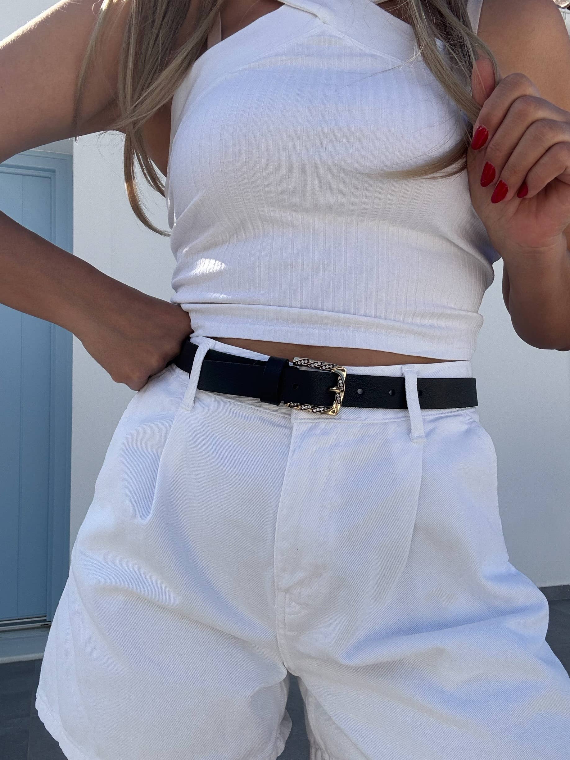 Christina Christi - Wholesale Riem - Dames - Zwarte Leren Riem – Gouden Gesp met Kristallen Details5