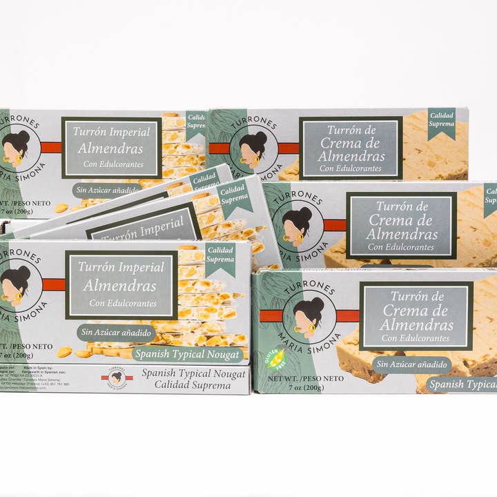 Pack Spanish Turron (Nougat) Sugar free Almonds & Hazelnuts for wholesale by Turrones Maria Simona