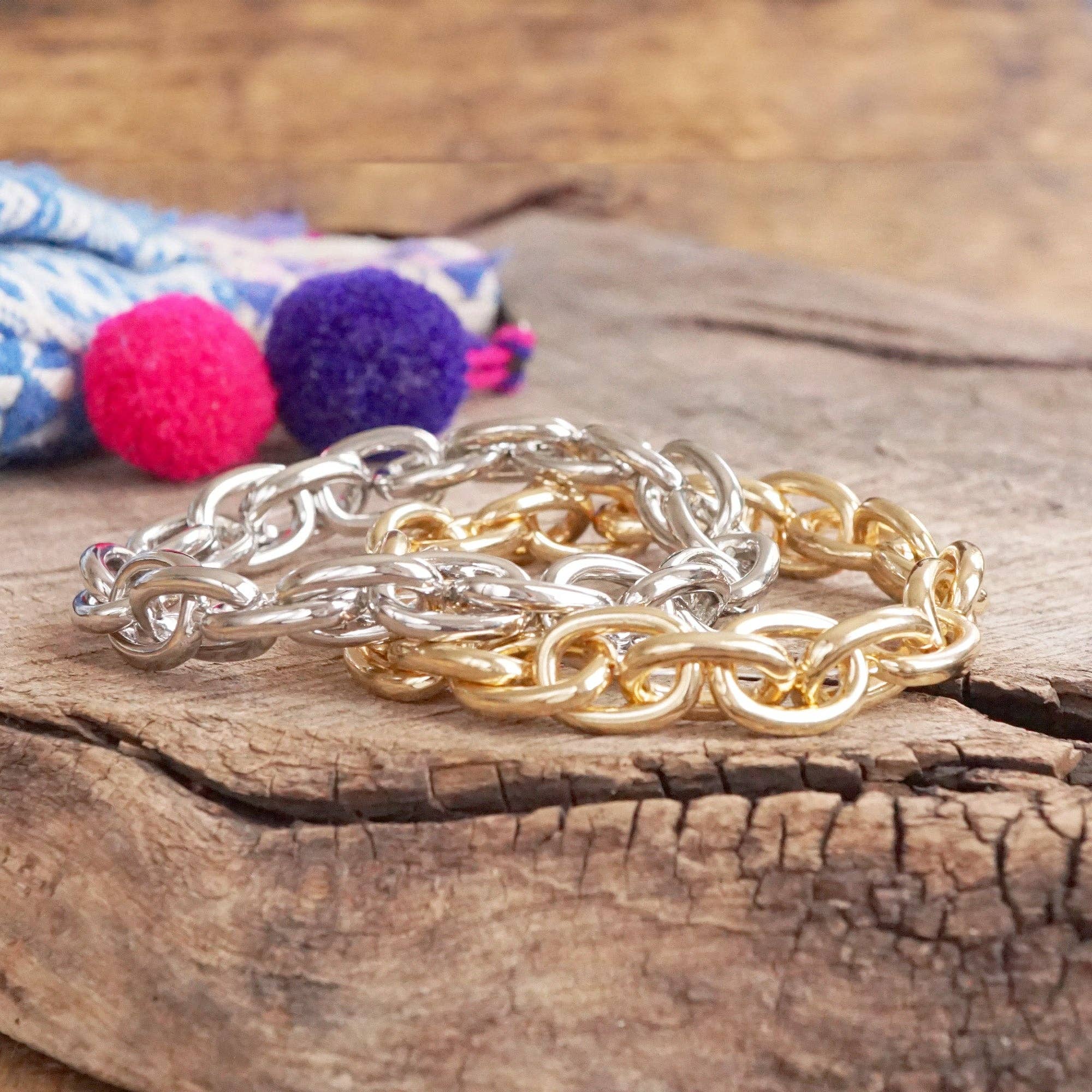 PennyLine inc - Wholesale Link & Chain Bracelet - Chunky Chain Stretchy Bracelet Gold Silver Tones3