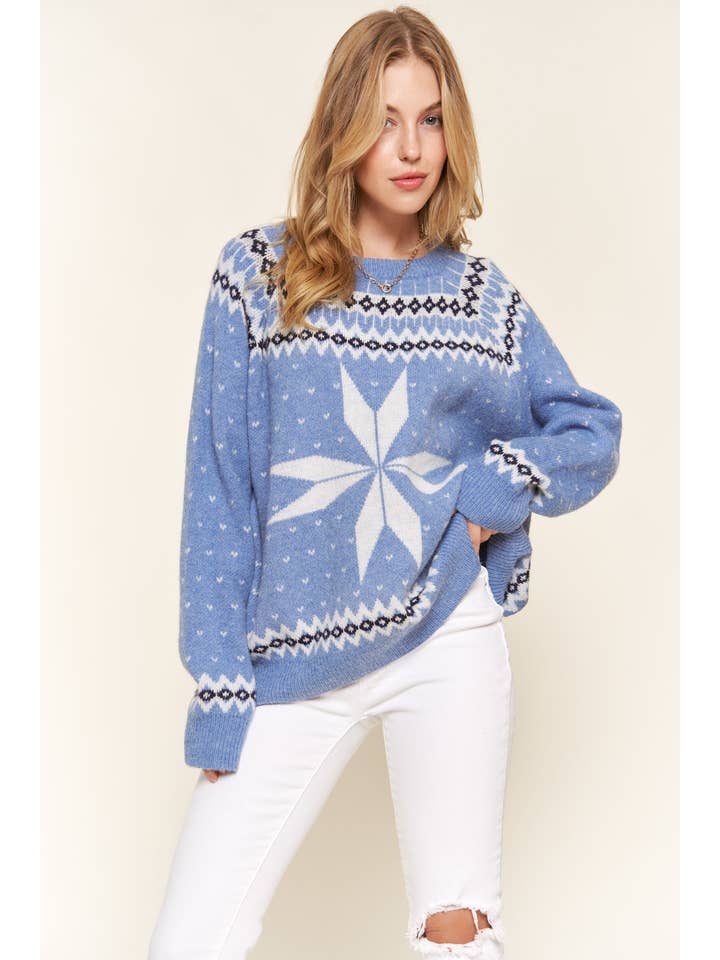 AND THE WHY - Wholesale Knit Sweater - Women's - ATW15229 - Holiday Snowflake Printed Pullover Sweater