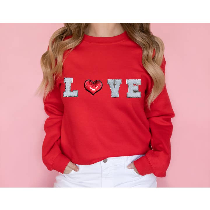LOVE Chenille Patch Sweatshirt | Red for wholesale by Rogue Society Apparel®️