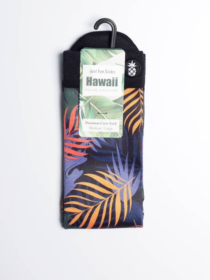 Just Fun Socks - Wholesale Socks - Unisex - Midnight Tropical Palm Printed Crew Socks - M/L