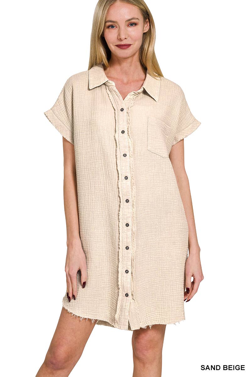 42POPS - Wholesale Dress - Women's - `.Washed Double Gauze Button Down Shirt Dress3