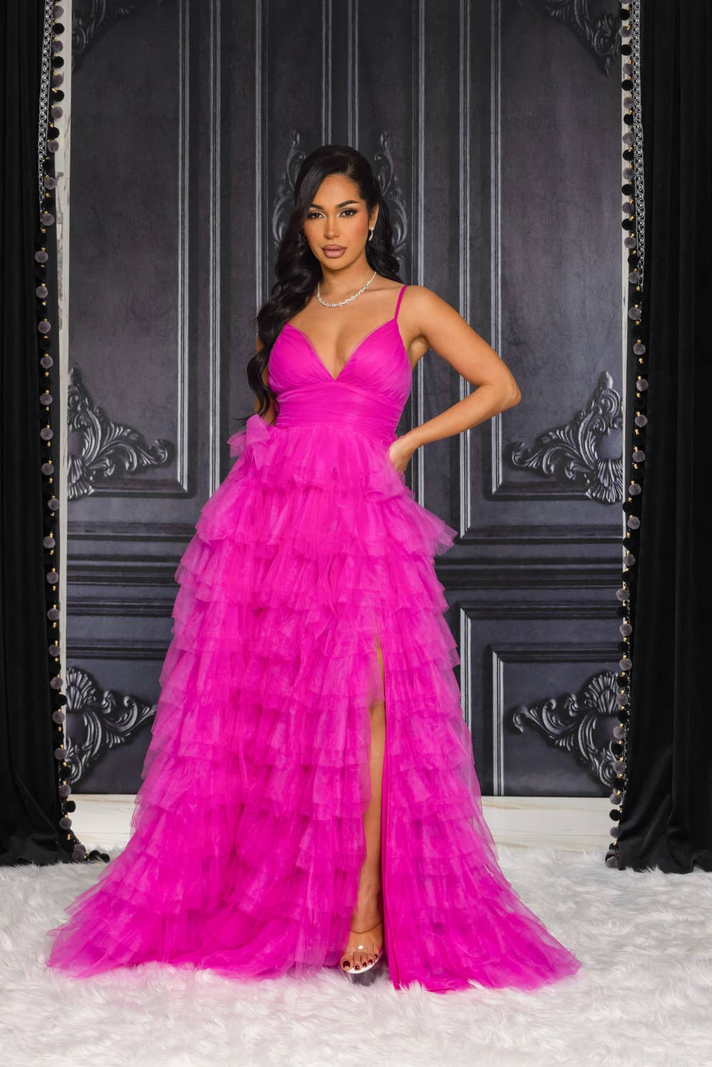 RICARICA INC. – wholesale Gown – Women's – 9486-SOLID COLOR TULLE MAXI DRESS WITH RUFFLED SKIRT3