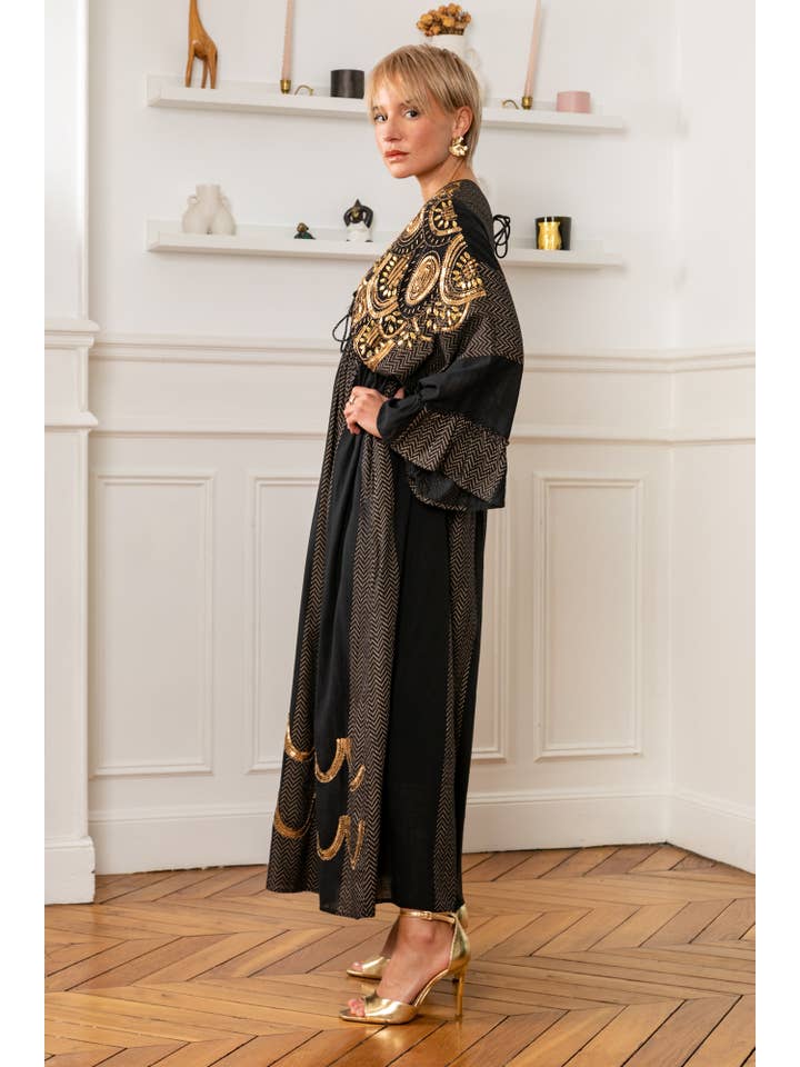 Schwarz Langes Kleid im Kaftan-Stil mit Pailletten- und Perlendetails für den Großhandel auf Faire3