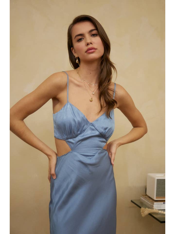 Endless Blu - Wholesale Dress - Women's - JD6470 STRAPPY WAIST CUT OUT MIDI SATIN DRESS