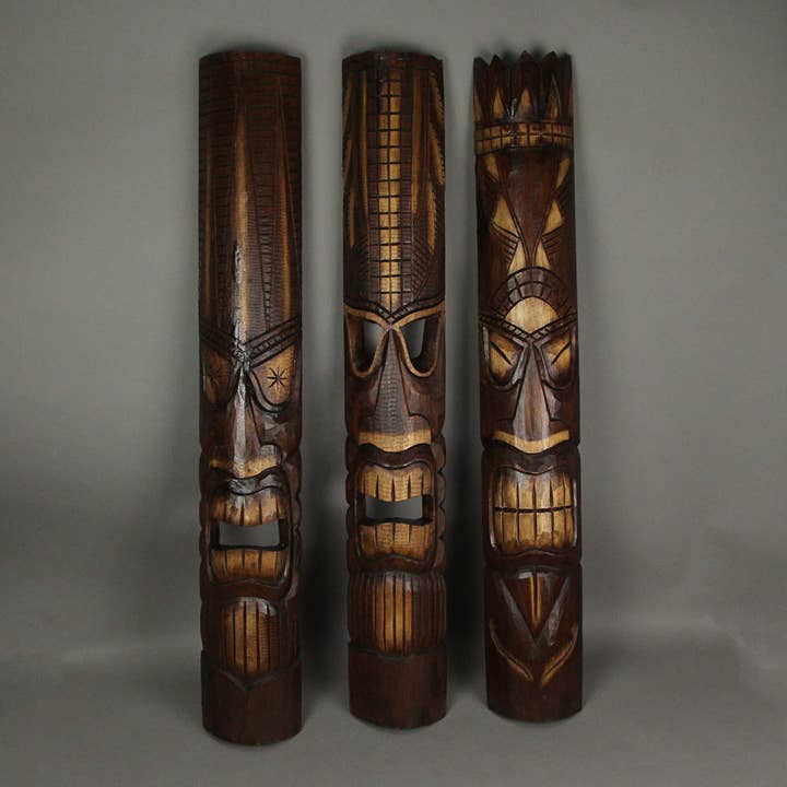 Zeckos - Wholesale Sculpture - Set of 3 Natural Wood Hawaiian Tiki God Masks 100cm/39in2