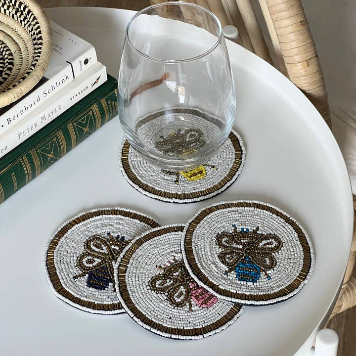 Global Crafts - Wholesale Coasters - Busy Bees Glass Beaded Coasters, Set of 41