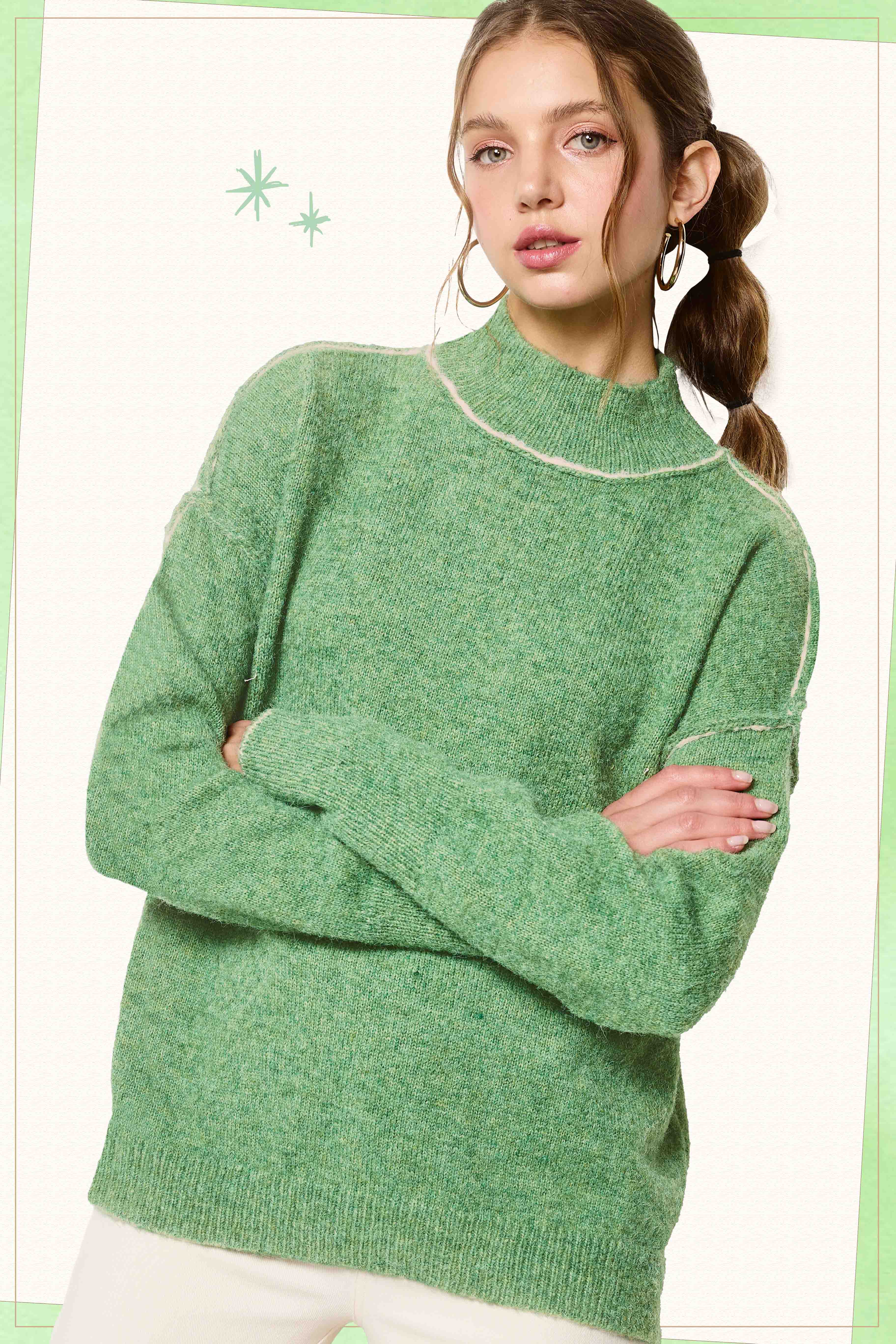 La Miel - Wholesale Knit Sweater - Women's - MCS3566-Loose Fit Mock Neck Exposed Seaming Detailed Sweater6