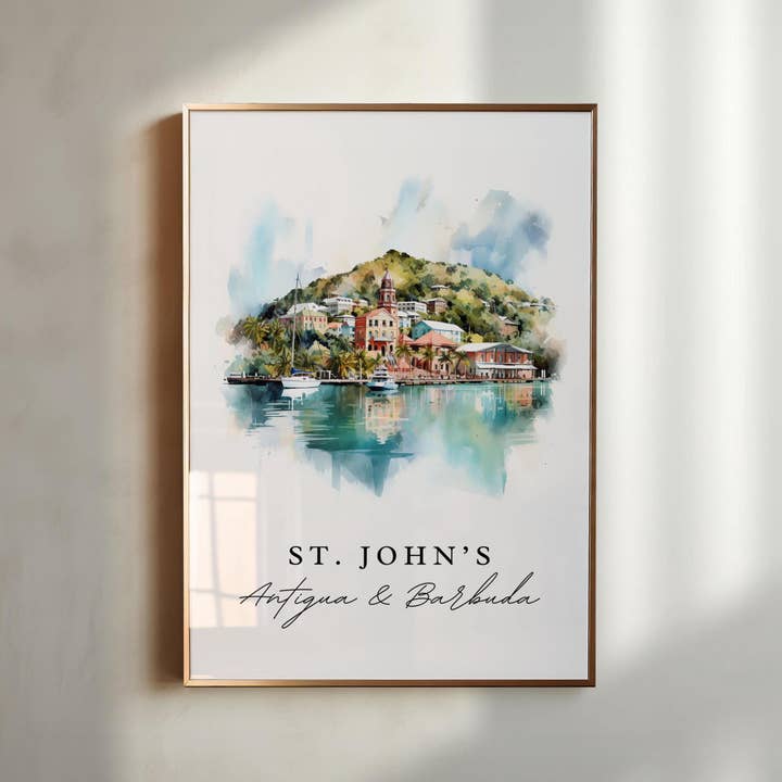 Premium Travel Art - Wholesale Art Print - St Johns Antigua art - Antigua and Barbuda, St Johns poster, Antigua Barbuda Wedding gift, Birthday present, Custom Text, Personalized Gift