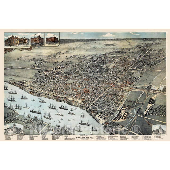 Vue à vol d'oiseau historique de Savannah, GA, 1891 pour la vente par Historic Pictoric