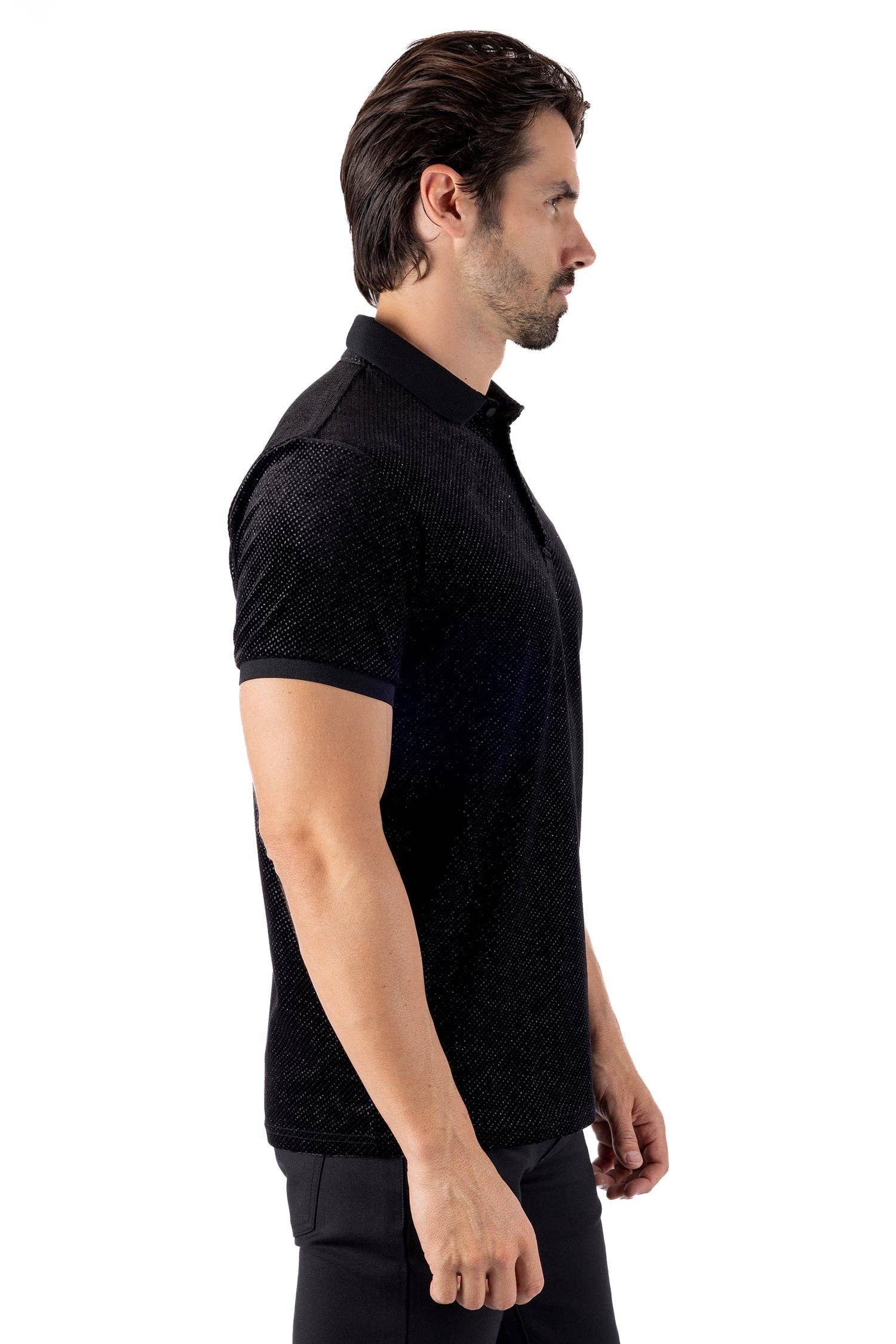 Black Black Men's Textured Shiny Stretch Polo Shirts SP702 for wholesale on Faire2