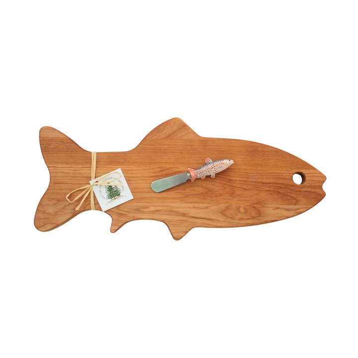 Fish Shape Serving Board with Trout Spreader for wholesale by Out of the Woods of Oregon