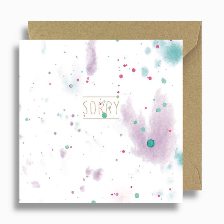 Watercolour Splash "Sorry" Card - Purple and Green for wholesale by Lizzie Chancellor