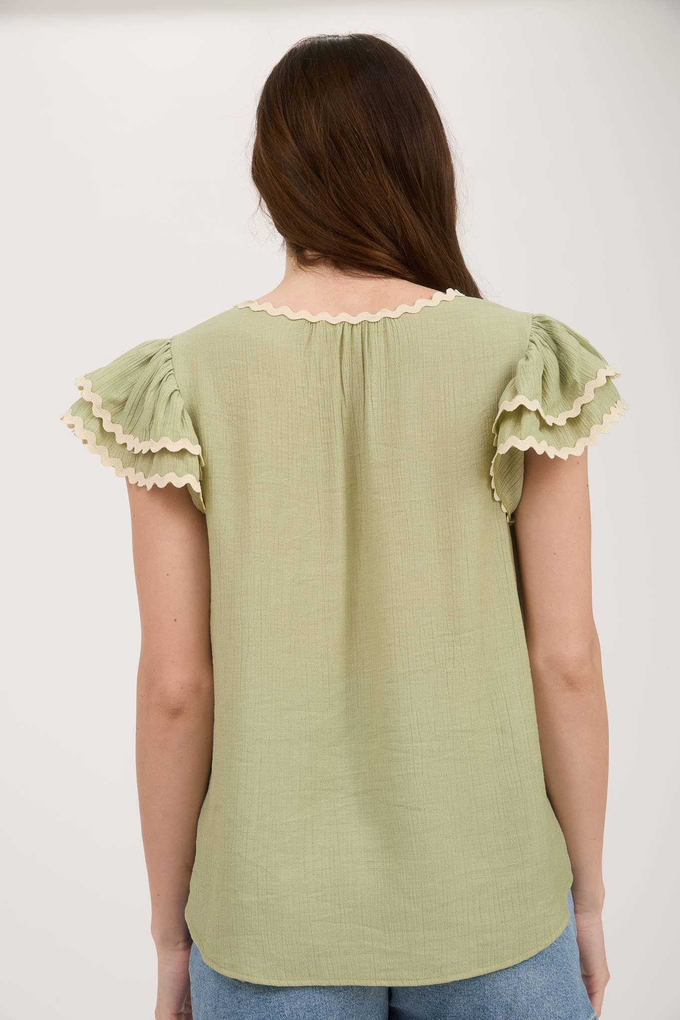 MINE - Wholesale Blouse - Women's - V NECK WAVY TRIM RUFFLE SLEEVE TOP13