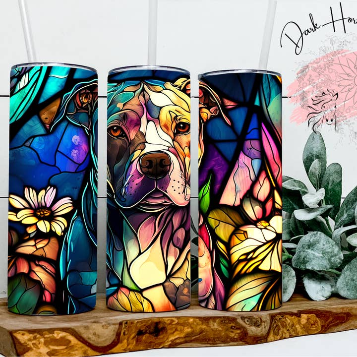 Dark Horse Dream Designs LLC - Wholesale Insulated Mug/Tumbler - Stained Glass Pitbull Dog Tumbler