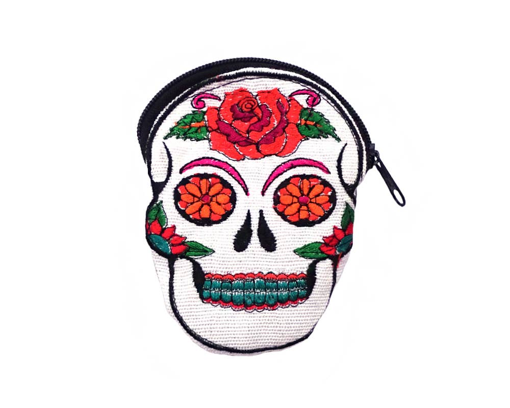 Pichincha - Wholesale Coin Purse - Women's - Sugar Skull Face Embroidered Floral Suede Coin Purse Pouch1