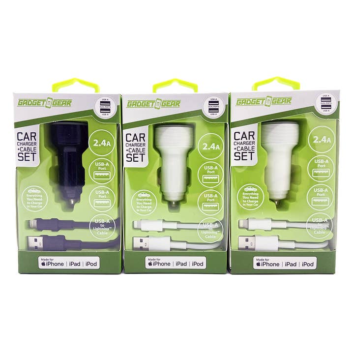 Gadget Gear Dual Port USB-A to Lightning Car Set - 3/Pack for wholesale by Novelty Brands