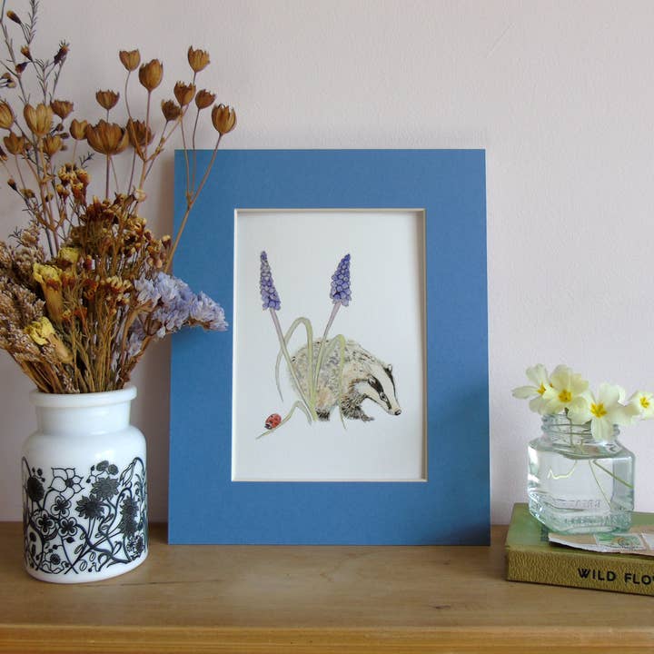 Badger and Grape Hyacinth A5 Giclée Fine Art Print for wholesale by Littlebirdy Designs