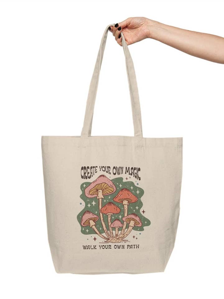 Psychedelic Mushroom Themed Tote Bag, Fungi Design Canvas Tote, Create Your Own Magic, Walk Your Own Path, Reusable Tote for wholesale by Cedar and Saltwater Co