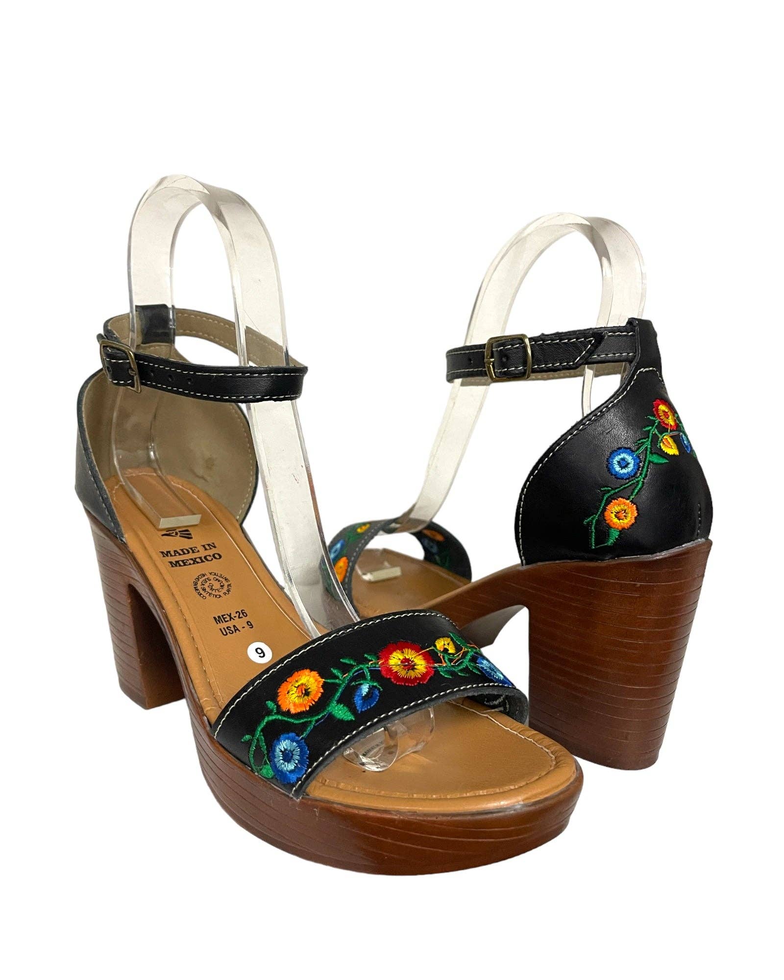 Cielito Lindo - Wholesale Sandals - Women's - Arumi Leather Floral Embroidered Heels Black2